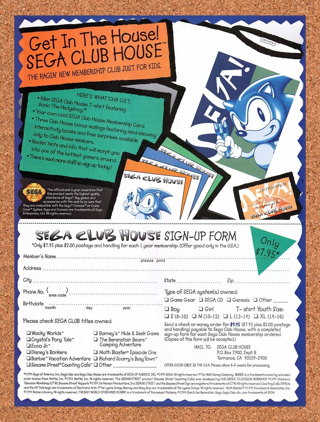 1995 Sega Club House Sign Up Form Original Advertisement / Retro Wall Art v1