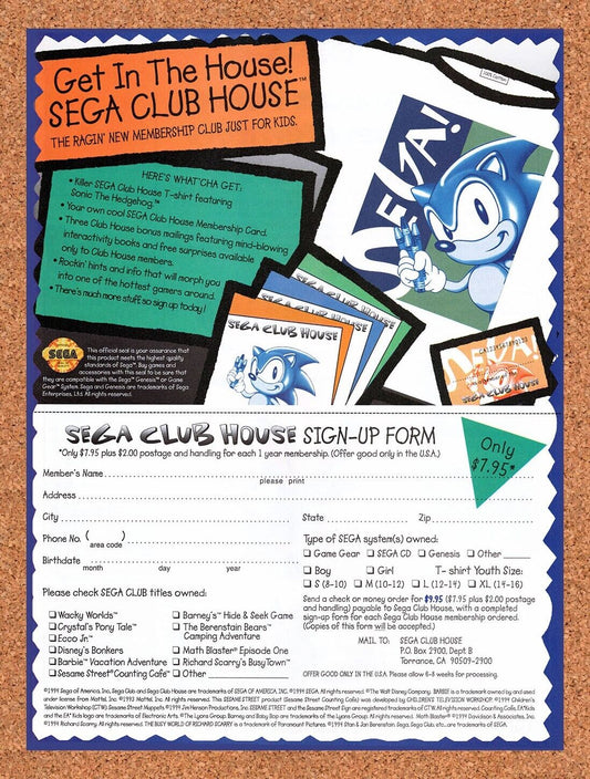 1994 Sega Club House Sign Up Form Original Advertisement / Retro Wall Art v1