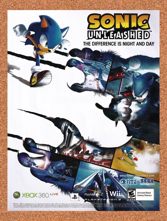 2008 Sonic Unleashed Xbox 360 Original Advertisement / Retro Wall Art v1