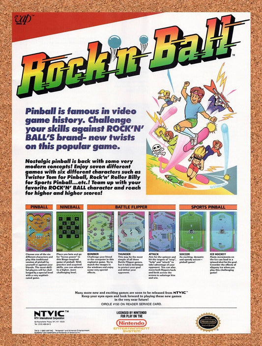 Rock N Ball NES Pinball Original 1989 Vintage Ad - Video Game Promo