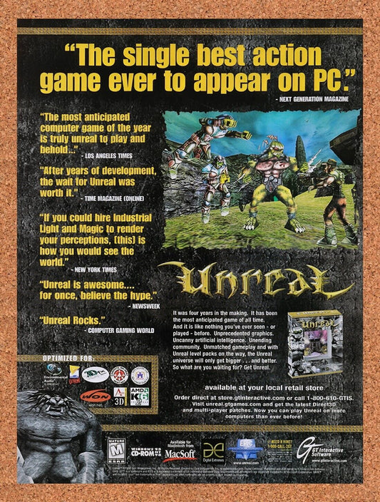 1998 Unreal PC Original Advertisement / Retro Wall Art v5