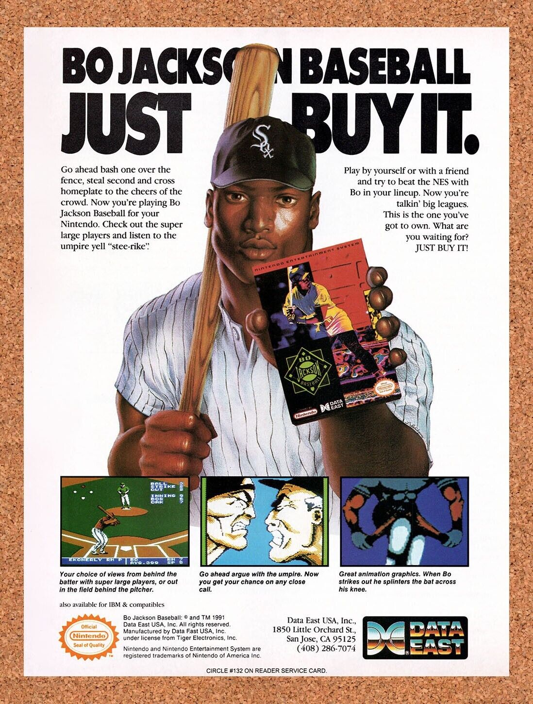 1992 Bo Jackson Baseball NES Original Advertisement / Retro Wall Art v1