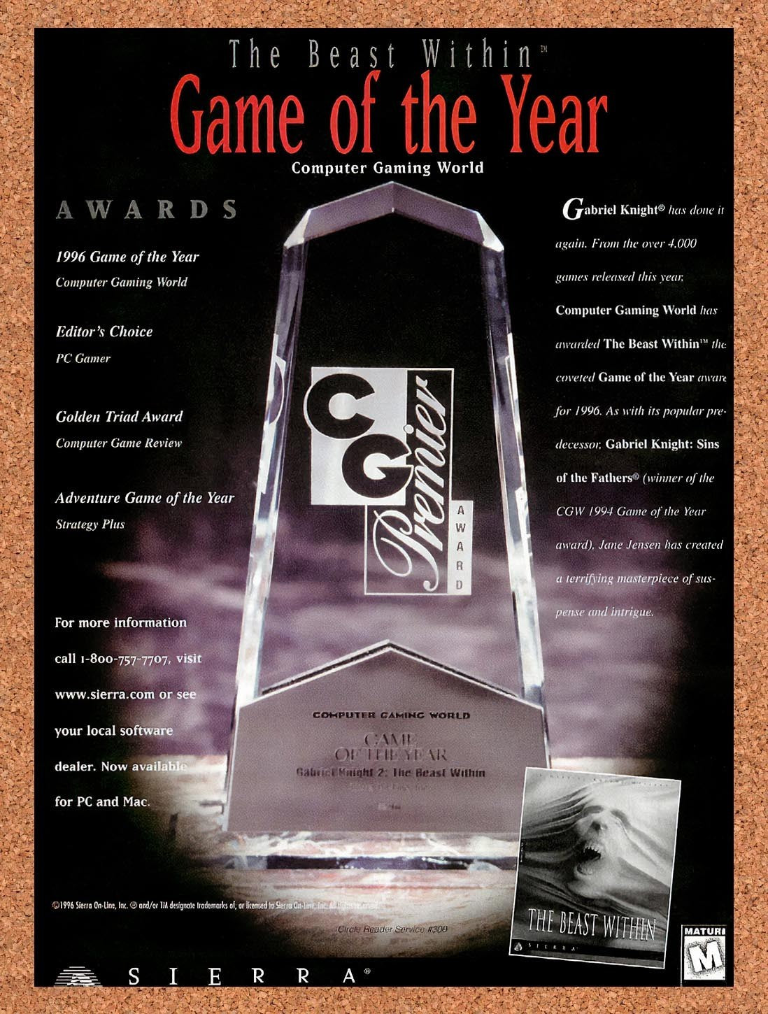 1996 Gabriel Knight The Beast Within Game Of The Year Original Ad / Promo v1