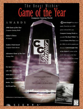 1996 Gabriel Knight The Beast Within Game Of The Year Original Ad / Promo v1