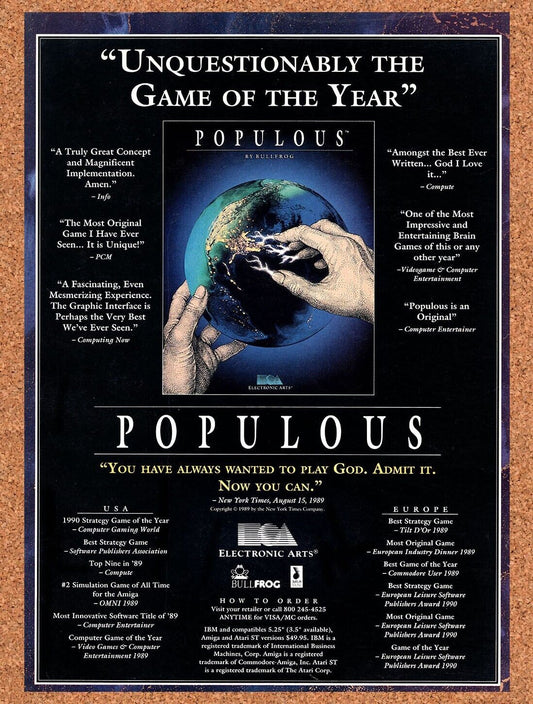 Populous PC Original 1989 Vintage Ad - Video Game Promo