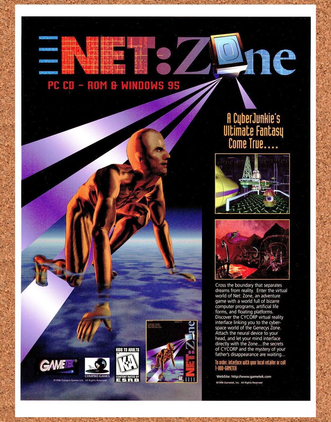 Net Zone PC Original 1997 Ad Authentic Cyberpunk Puzzle Video Game Promo