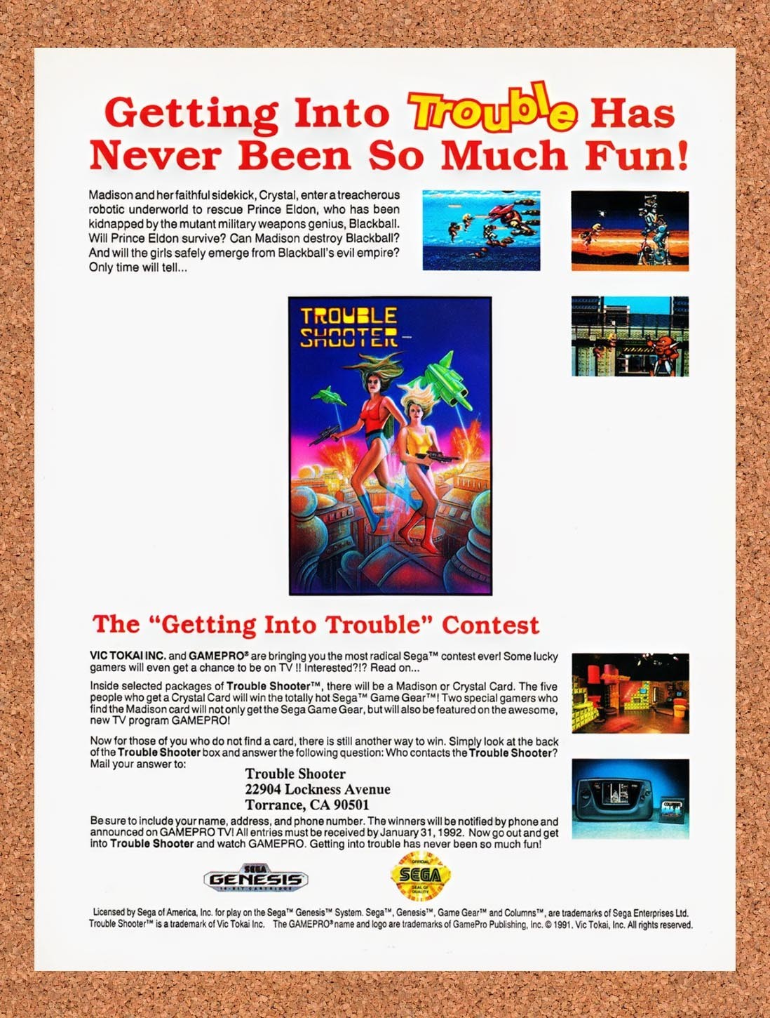 1991 Trouble Shooter Genesis Original Advertisement / Retro Promo v1