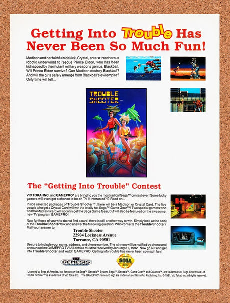 1991 Trouble Shooter Genesis Original Advertisement / Retro Promo v1