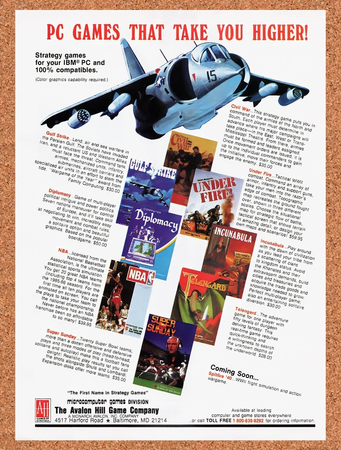 1987 Avalon Hill Game Company IBM Strategy Games Original Ad / Retro Wall Art v1