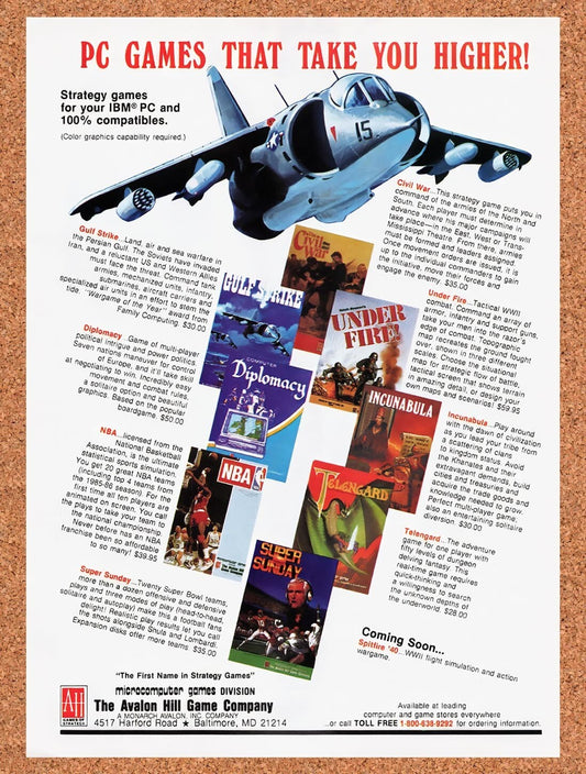 1987 Avalon Hill Game Company IBM Strategy Games Original Ad / Retro Wall Art v1