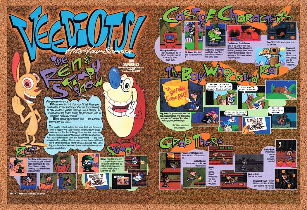 1992 Ren & Stimpy Veediots SNES Original Advertisement / Retro Wall Art v2