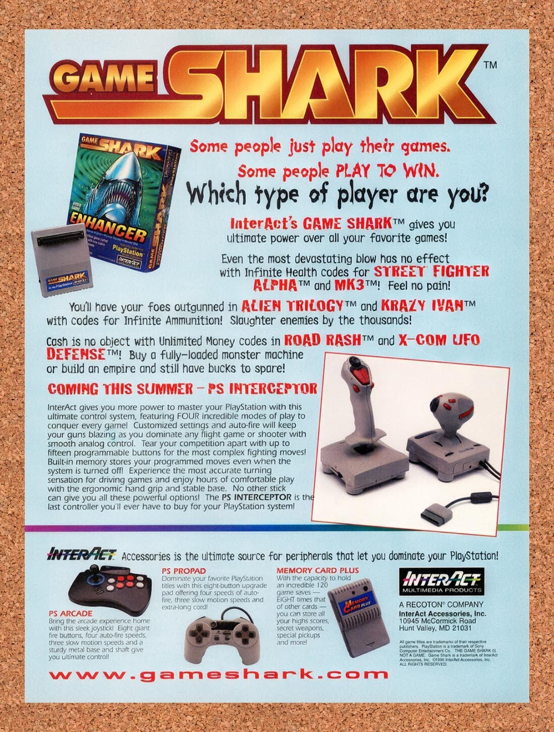 1996 GameShark PS1 Game Enhancer Original Advertisement / Retro Wall Art v10