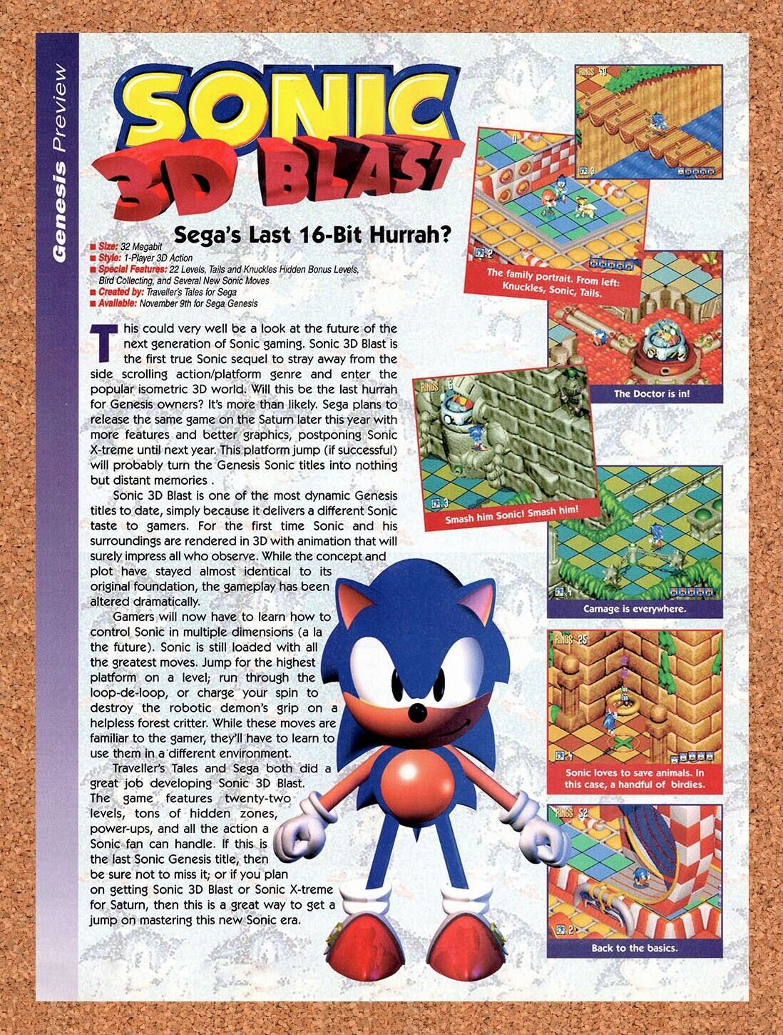Sonic 3D Blast Genesis Original 1995 Vintage Ad - Video Game Review Promo