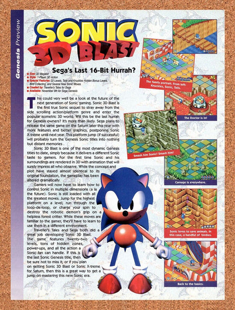 Sonic 3D Blast Genesis Original 1996 Vintage Ad - Video Game Review Promo