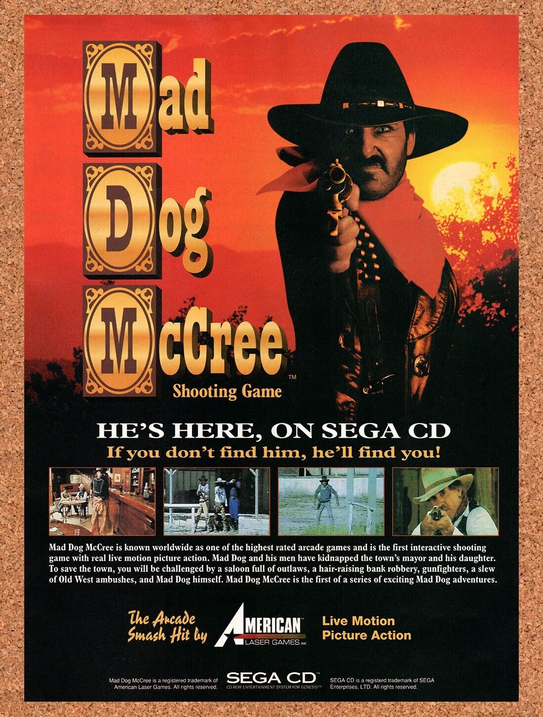 1992 Mad Dog McCree Sega CD Original Advertisement / Retro Wall Art v2