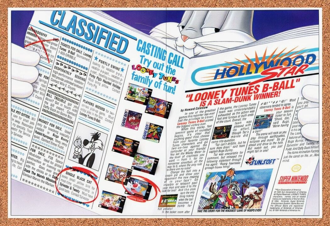 1995 Looney Tunes B-Ball 2 SNES Original Advertisement / Retro Wall Art v2