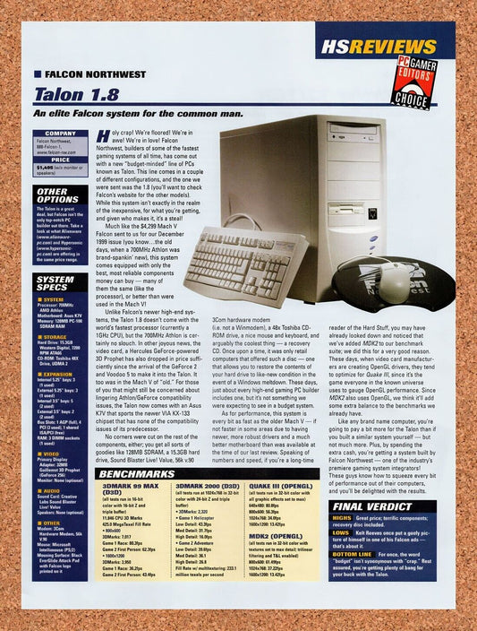 2000 Falcon Northwest Talon 1.8 Original Advertisement / Retro Wall Art v15