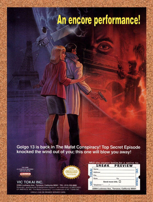 Golgo 13 NES Original 1989 Vintage Ad - Video Game Art Promo