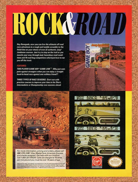 1992 Jeep Jamboree Off-Road Adventure Game Boy Original Ad / Retro Wall Art v1