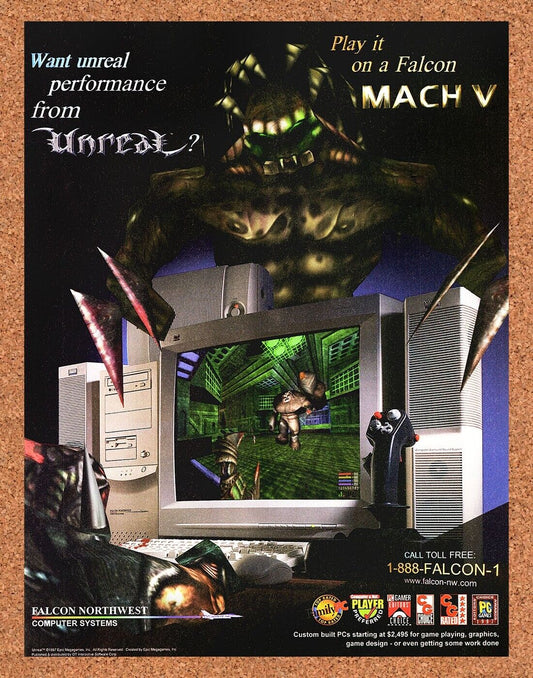 Unreal PC Original 1998 Print Ad Authentic Falcon Northwest Video Game PC Promo