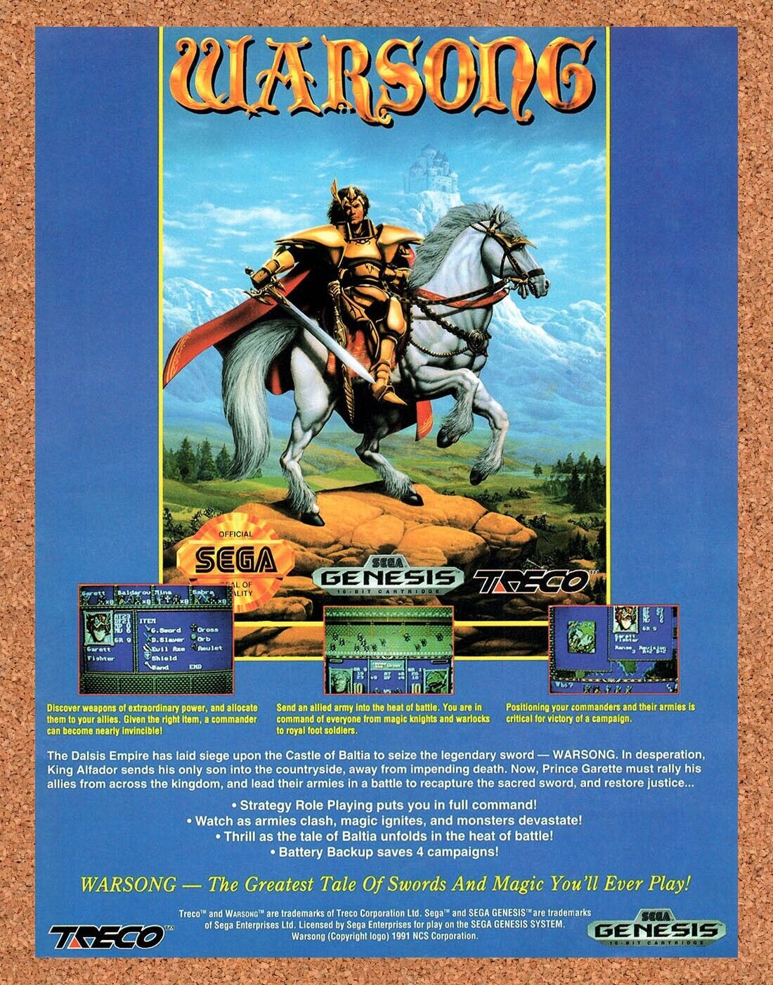 1991 Warsong  Genesis Original Advertisement / Retro Wall Art v1