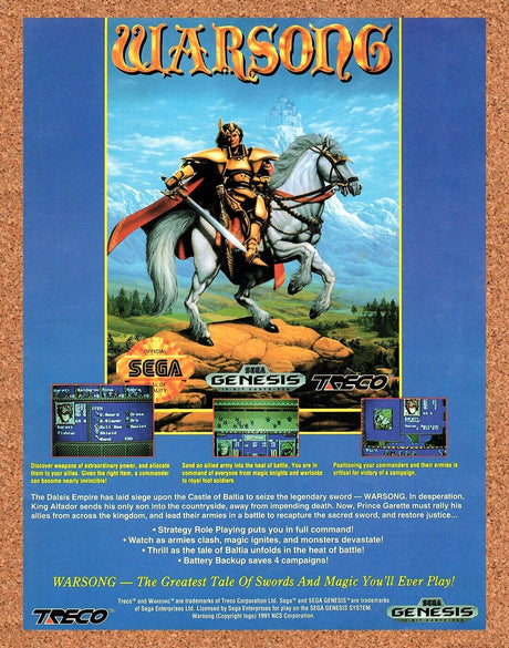 1991 Warsong  Genesis Original Advertisement / Retro Wall Art v1