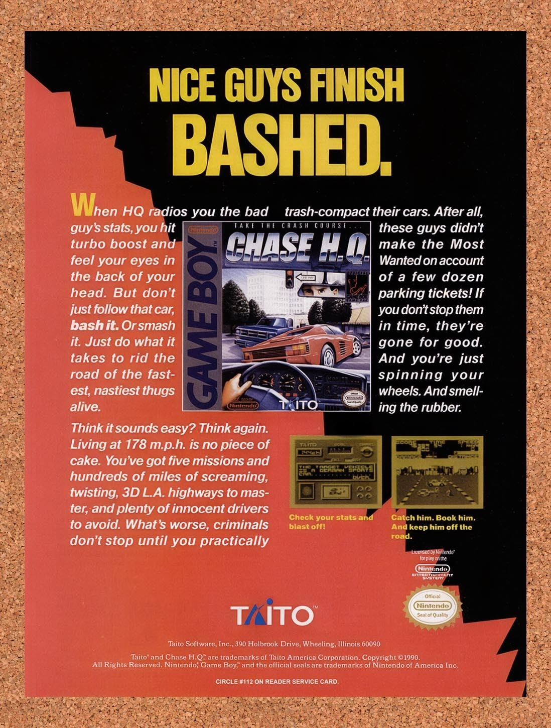 1990 Chase HQ Game Boy Original Advertisement / Retro Promo v1