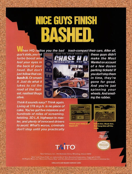 1990 Chase HQ Game Boy Original Advertisement / Retro Promo v1