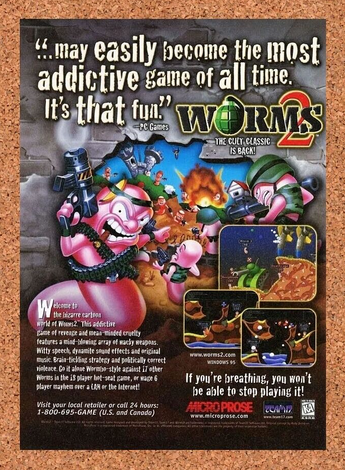 Worms 2 PC Game Original 1998 Ad Authentic Windows Video Game Promo