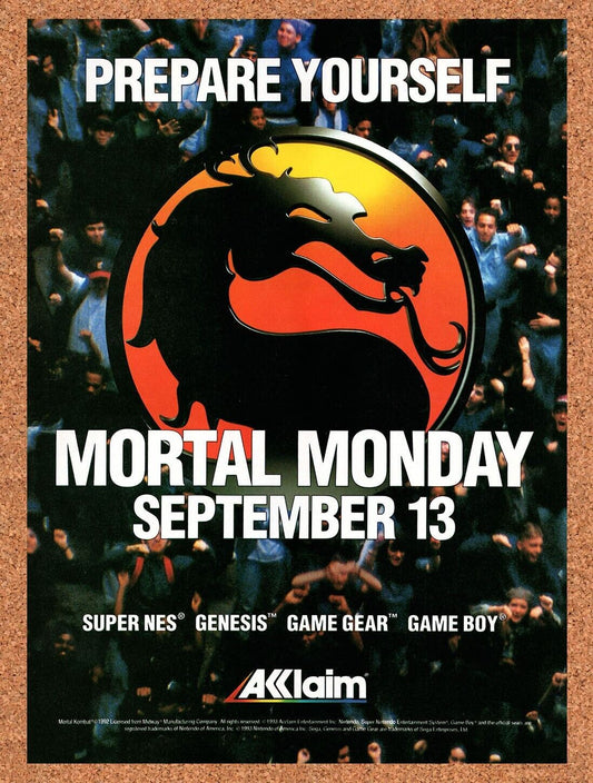 1992 Mortal Kombat SNES Original Advertisement / Retro Wall Art v13