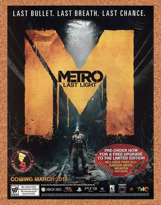 Metro Last Light Xbox 360 Original 2014 Ad Authentic THQ FPS Video Game Promo