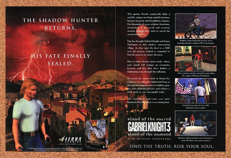 Gabriel Knight 3 Blood Of Damned Original 1999 Ad Authentic Video Game Promo v1