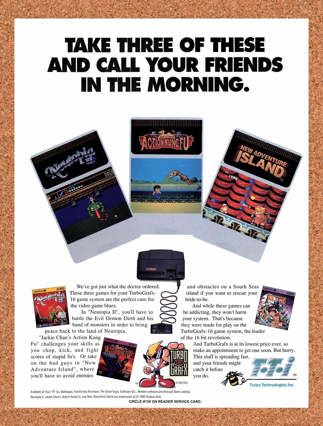 1992 Hudson Soft Turbo Grafx-16 Games Original Advertisement / Retro Wall Art v4