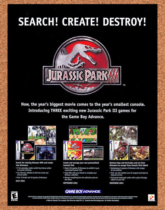 Jurassic Park III GBA Original 2002 Ad Authentic Konami Horror Video Game Promo