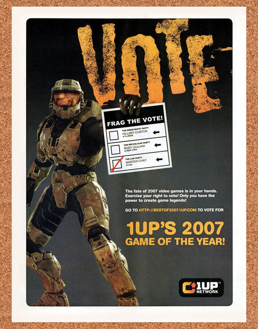 Halo VOTE Election Original 2008 Vintage Ad - 1Up Network Video Game Promo