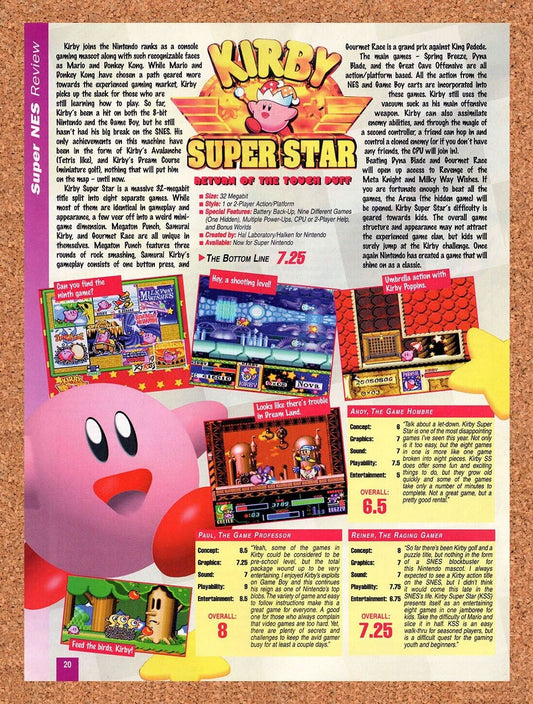 Kirby Super Star SNES Original 1995 Vintage Ad - Video Game Review Promo