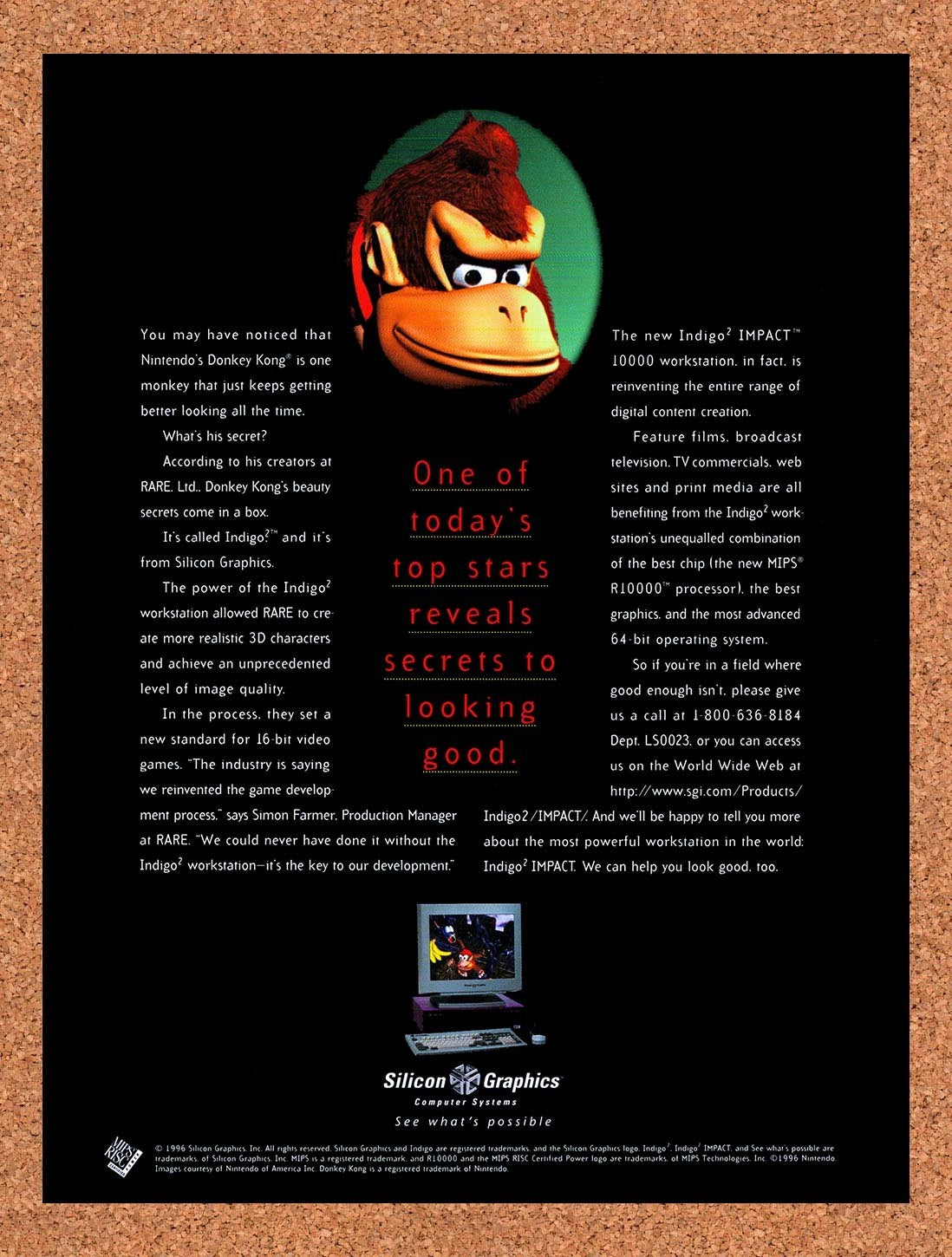 1996 Donkey Kong Silicon Graphics Indigo Original Advertisement / Retro Promo v1