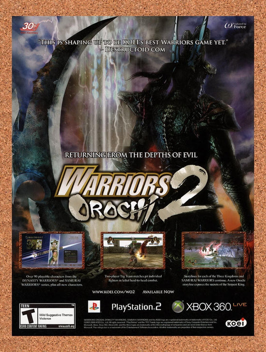 2007 Warriors Orochi 2 Xbox 360 Original Advertisement / Retro Wall Art v1