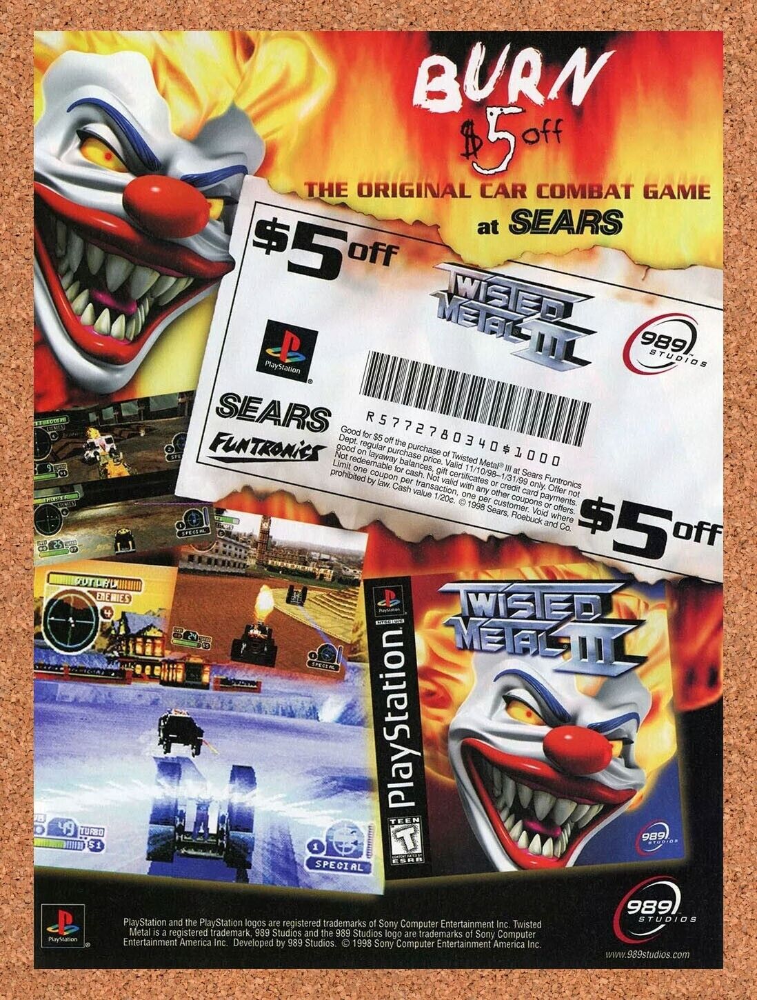 Twisted Metal III PS1 Sears Funtronics Rebate Original 1997 Ad Authentic Promo