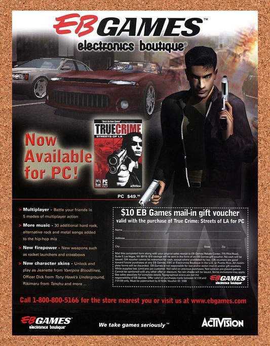 True Crime Streets Of LA PC Original 2005 Ad Authentic EB Games Video Game Promo