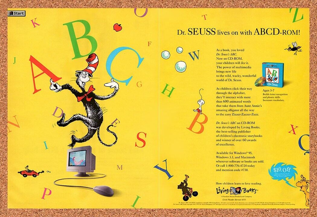 Dr Seuss ABCD-ROM PC Original 1995 Vintage Ad - Video Game Promo