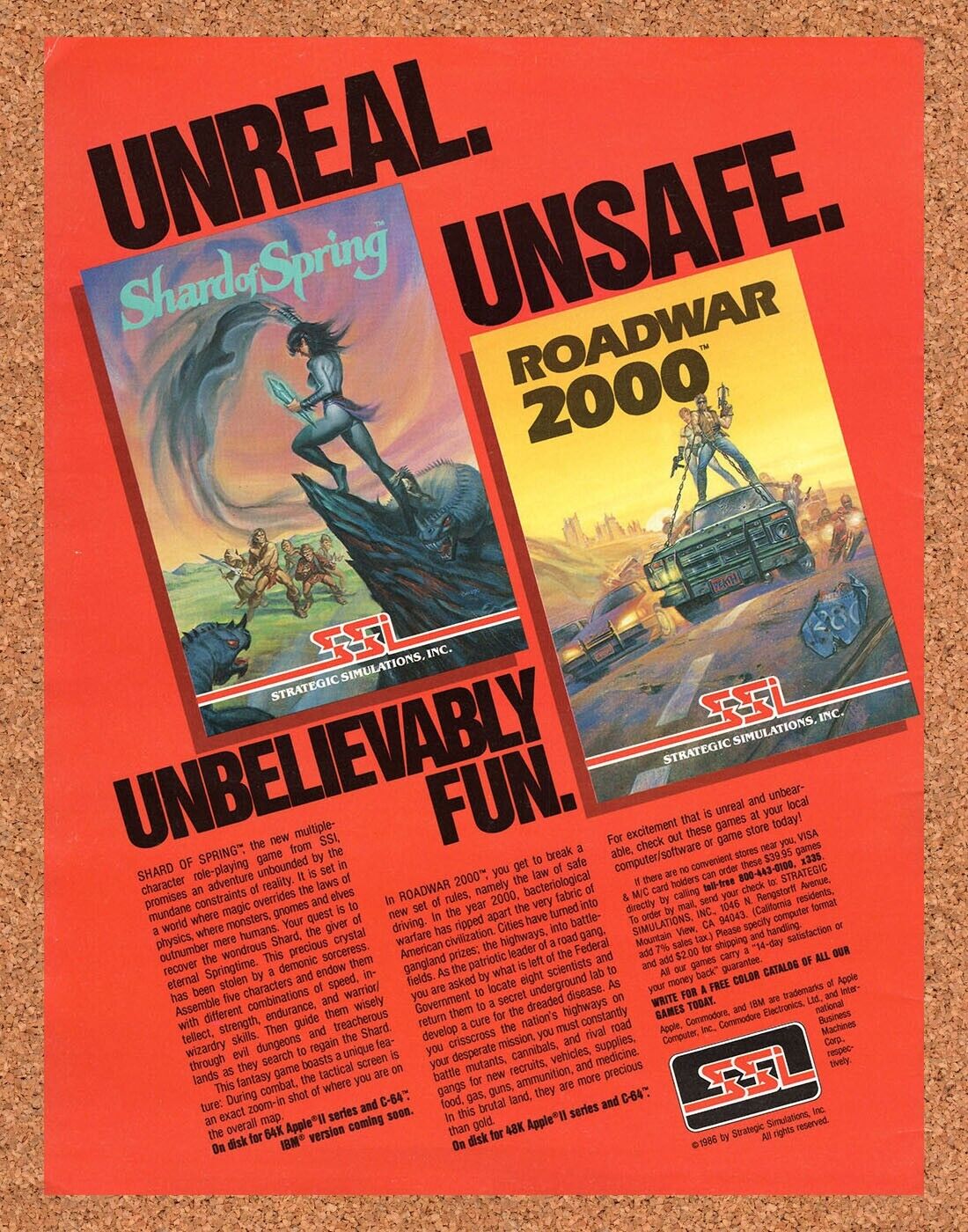 SSI PC Games Original 1986 Vintage Ad - Shard Of Spring & Roadwar Promo