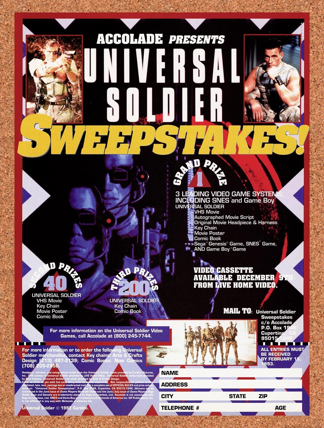 1992 Universal Soldier Video Game Sweepstakes Original Advert / Retro Promo v1
