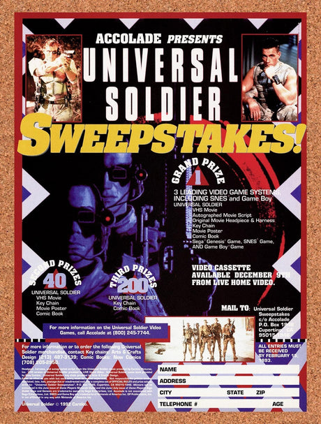 1992 Universal Soldier Video Game Sweepstakes Original Advert / Retro Promo v1