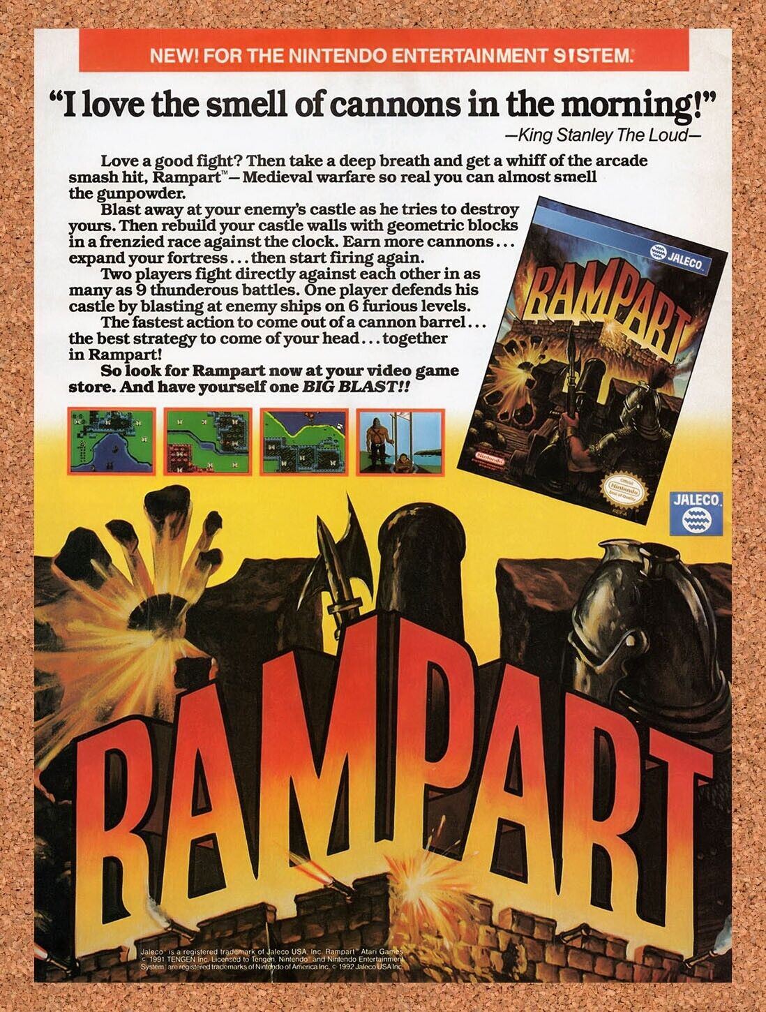 1992 Rampart NES Original Advertisement / Retro Wall Art v1