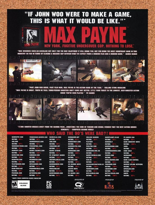 Max Payne PC Original 2003 Ad Authentic Unique Rating Chart Video Game Promo