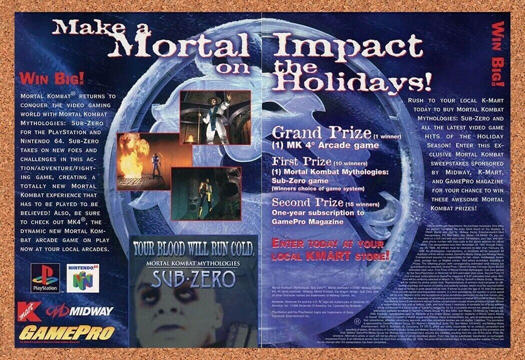 Mortal Kombat Mythologies Sub Zero PS1 Sweepstakes Original 1996 Ad K-Mart