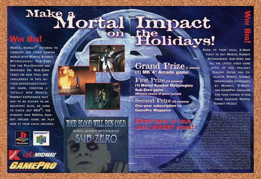 Mortal Kombat Mythologies Sub Zero PS1 Sweepstakes Original 1996 Ad K-Mart