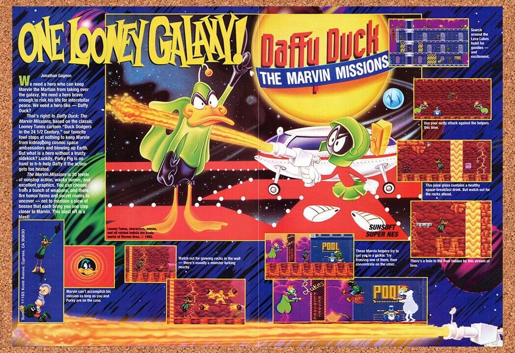 1993 Daffy Duck The Marvin Missions SNES Original Ad / Retro Wall Art v1