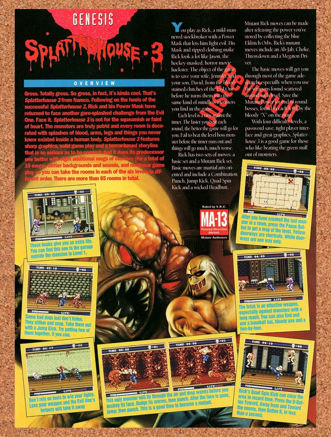 1992 Splatterhouse 3 Genesis Original Advertisement / Retro Wall Art v3